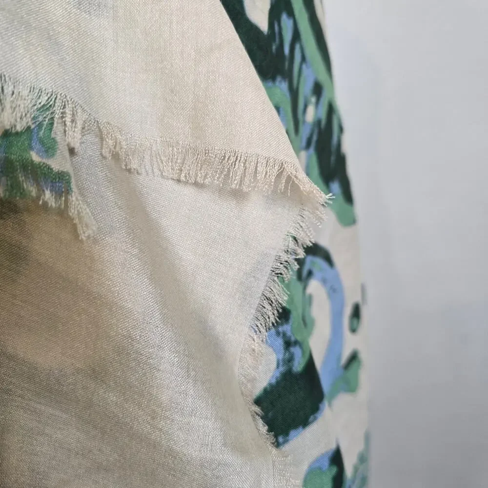 Art Go'den Du'm Silk Wool Blend Scarf Wrap Women's Green Blue Damask Boho Chic
